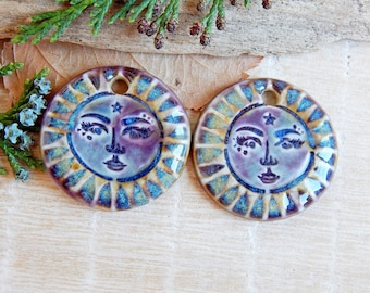 Sun face artisan charms, 2pcs Handmade round ceramic pendants, Celestial unique findings for making jewelry, Sunshine dangle art beads