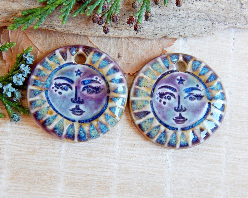Sun face artisan charms, 2pcs Handmade round ceramic pendants, Celestial unique findings for making jewelry, Sunshine dangle art beads image 1