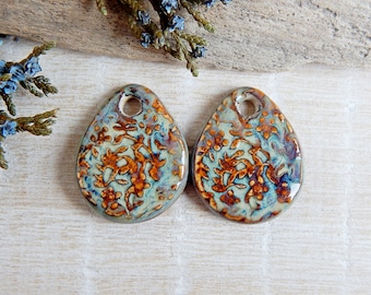 Rustic floral artisan charms, 2pcs Handcrafted ceramic drop earring pendants, Earthy boho handmade components, Unique porcelain beads