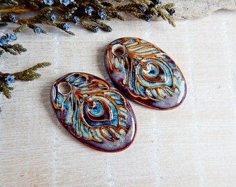 Feather earring charms of ceramic, 2 pcs Boho artisan pendants, Handcrafted oval large components, Unique art beads for making jewelry