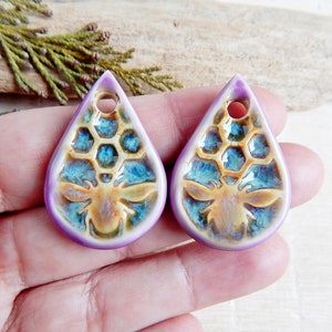 Drop bee earring charms of ceramic, 2pcs Honeycomb handmade jewelry pendants, Artisan boho components, Unusual porcelain beads