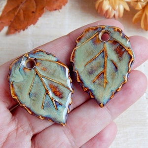 Pair brown ceramic leaves charms to make earrings, Handmade forest pendants for necklace, Artisan autumn components, Leaf jewelry findings image 3