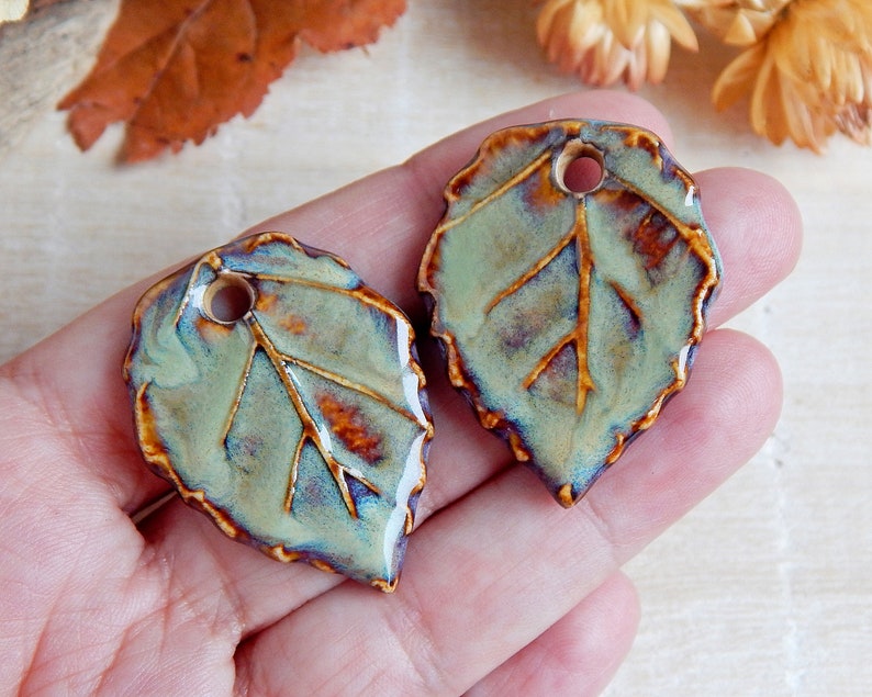 Pair brown ceramic leaves charms to make earrings, Handmade forest pendants for necklace, Artisan autumn components, Leaf jewelry findings image 3