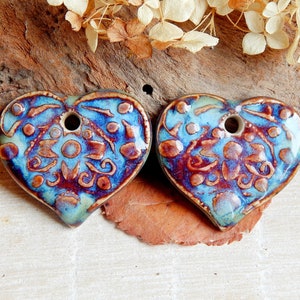 Artisan pair of charms heart shaped, ceramic jewelry components, boho style findings of earrings, handcrafted supplies for necklace