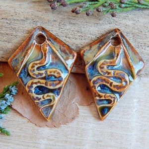 Handmade snake earring charms, 2 pcs Artisan nature ceramic pendants, 1 Hole rhombus shape jewelry supplies, Unique dangle porcelain beads image 2