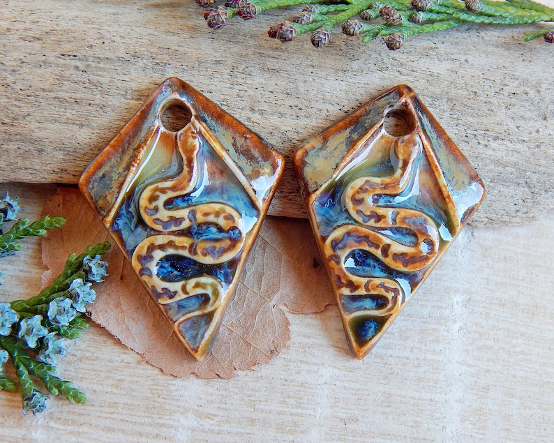 Handmade snake earring charms, 2 pcs Artisan nature ceramic pendants, 1 Hole rhombus shape jewelry supplies, Unique dangle porcelain beads image 2