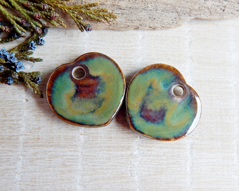 Rustic artisan heart charms, Dangle ceramic earring findings, Unique porcelain beads, 2 Handmade bohemian style findings for making jewelry image 6