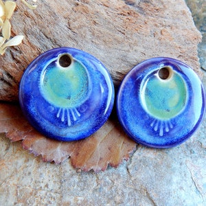 Round handcrafted earring charms, Pair dangle ceramic beads, Boho ceramic pendant for making jewelry, 2 pcs handmade blue focal image 1