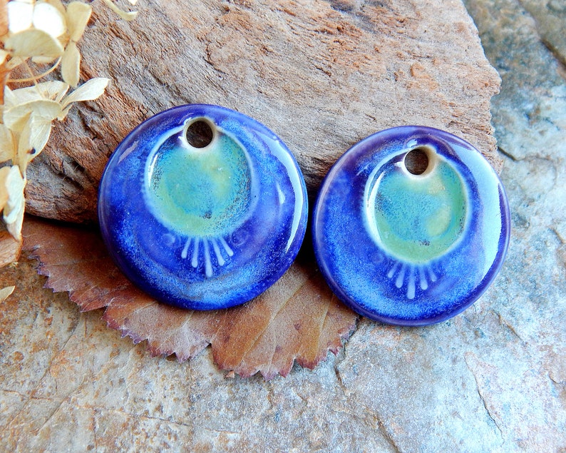 Round handcrafted earring charms, Pair dangle ceramic beads, Boho ceramic pendant for making jewelry, 2 pcs handmade blue focal image 1