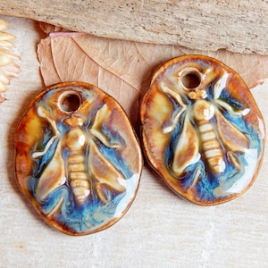 Wasp ceramic charms, Artisan nature pendants, Pair of rustic porcelain components, Boho findings to make earrings, Ceramic beads