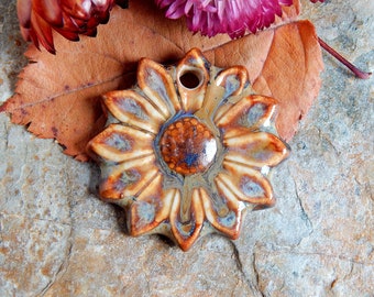 Artisan flower necklace pendant, bohemian ceramic charm, big jewelry charm, handcrafted pendant of porcelain