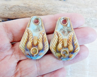 Artisan boho earring charms, Pair handmade ceramic components, Rustic texture findings to make jewelry, Handcrafted porcelain beads