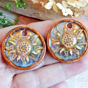 Sun ceramic charms for jewelry making, artisan earthy round earring supplies, unique rustic charms, findings boho components