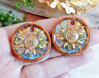 Sun ceramic charms for jewelry making, artisan earthy round earring supplies, unique rustic charms, findings boho components