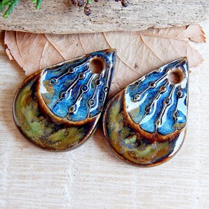 Artisan teardrop charms, 2pcs Rustic ceramic earring pendants, Organic boho components for making jewelry, Handmade dangle art beads image 4