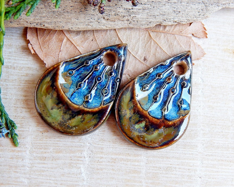 Artisan teardrop charms, 2pcs Rustic ceramic earring pendants, Organic boho components for making jewelry, Handmade dangle art beads image 4