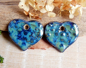 Handmade ceramic heart charms, Pair flower pendants, Dangle purple necklace findings, Boho jewelry making supplies, Big ceramic beads