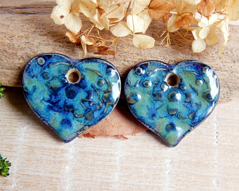 Handmade ceramic heart charms, Pair flower pendants, Dangle purple necklace findings, Boho jewelry making supplies, Big ceramic beads image 1