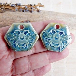 Honey Bee ceramic charms, Artisan bumblebee pendants, 2pcs Nature inspired porcelain components, Boho findings to make earrings
