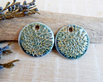 Texture round jewelry charms of ceramic, Artisan boho earring pendants, 2pcs Organic findings for making jewelry, Unique art beads