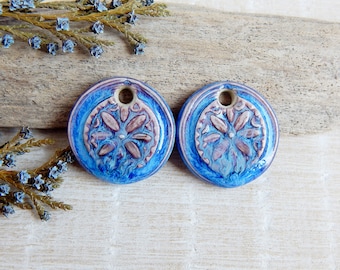 Handmade boho round earrings charms, 2pcs Floral ceramic pendants, Handcrafted porcelain supplies for making jewelry, Blue ceramc beads