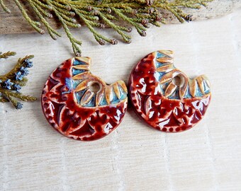 Artisan large ceramic charms, Red boho jewelry findings, Handmade rustic components for making earrings, Textured porcelain pendants