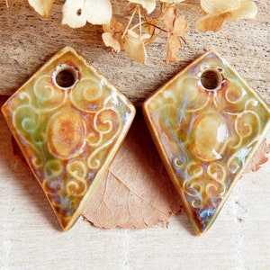 Ceramic charms romantic design, artisan earrings components, victorian jewelry charms, handcrafted pendants diamond shaped