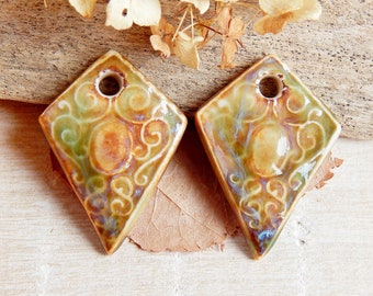 Ceramic charms romantic design, artisan earrings components, victorian jewelry charms, handcrafted pendants diamond shaped