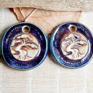 Artisan rustic ceramic charms, tree landscape handmade jewelry supplies, 2 pcs round japanese porcelain pendants, dangle ceramic beads