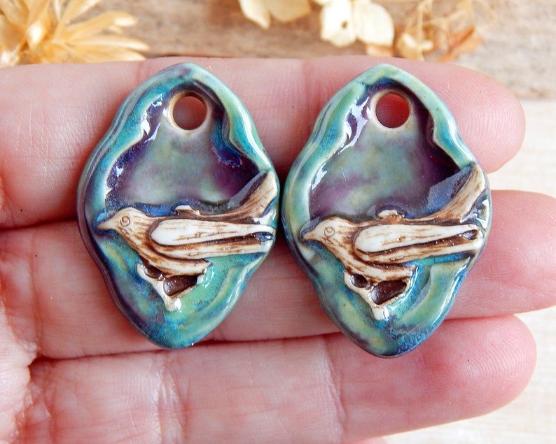 Handmade bird DIY earring charms, Artisan ceramic pendants for jewelry making, 2pcs Handcrafted boho earring findings, Nature animals charms image 4