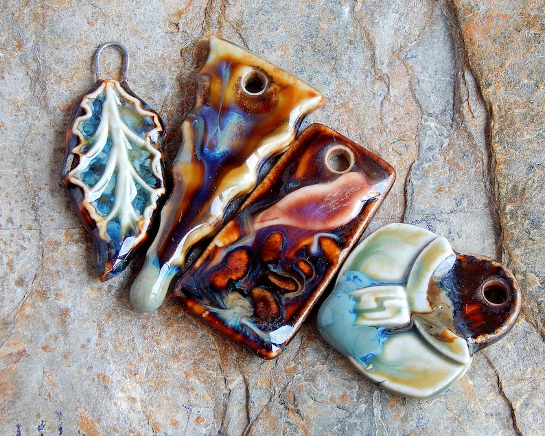 4 artisan pendants of ceramic boho necklace supplies Set of Assorted Porcelain Charms lot handcrafted pendants