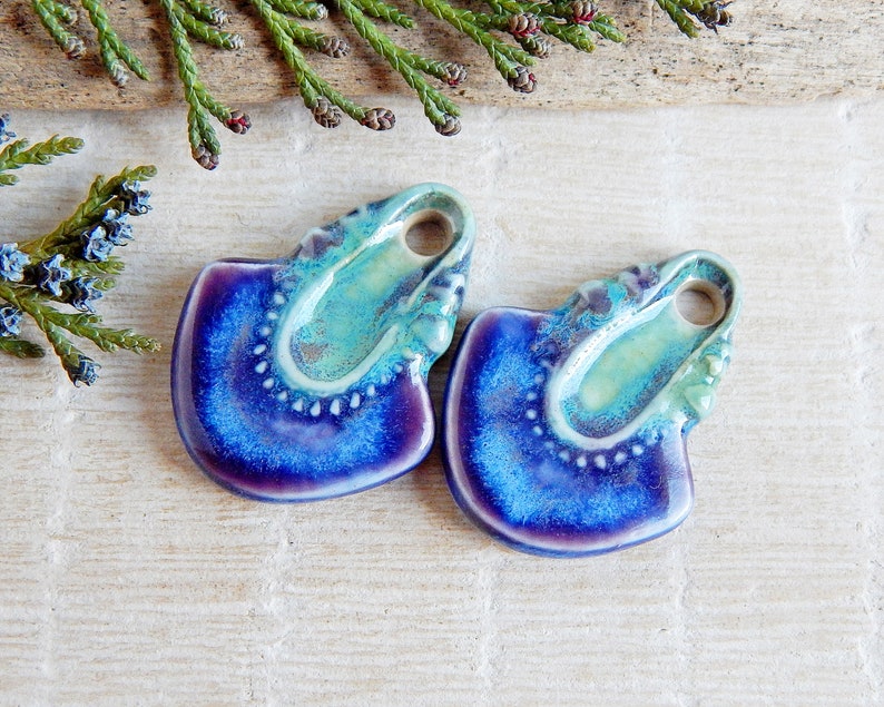 Ceramic boho earring charms, Artisan tribal findings, Rustic handcrafted jewelry making supplies, Porcelain art beads image 3