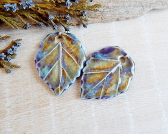 Purple ceramic leaves charms to DIY jewelry making, 2pcs Handmade realistic leaf pendants for necklace, Artisan porcelain nature components