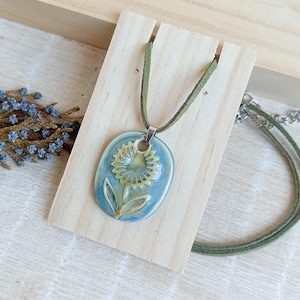 Handmade folk floral pendant necklace of ceramic, Artisan boho flower pendant of porcelain, Botanical inspired jewelry for gift