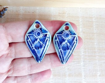 Mountains landscape ceramic charms, 2pcs Artisan sun boho pendants, Handcrafted porcelain findings for making jewelry, Art beads
