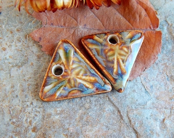 Artisan geometric charms in ceramic for making earrings, 2 Handmade porcelain rustic pendants, Handcrafted boho findings components