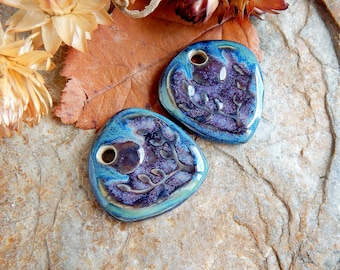 Dangle ceramic charms, Pair artisan jewelry findings, Handmade purple pendants to make earrings, Handcrafted triangle focal beads