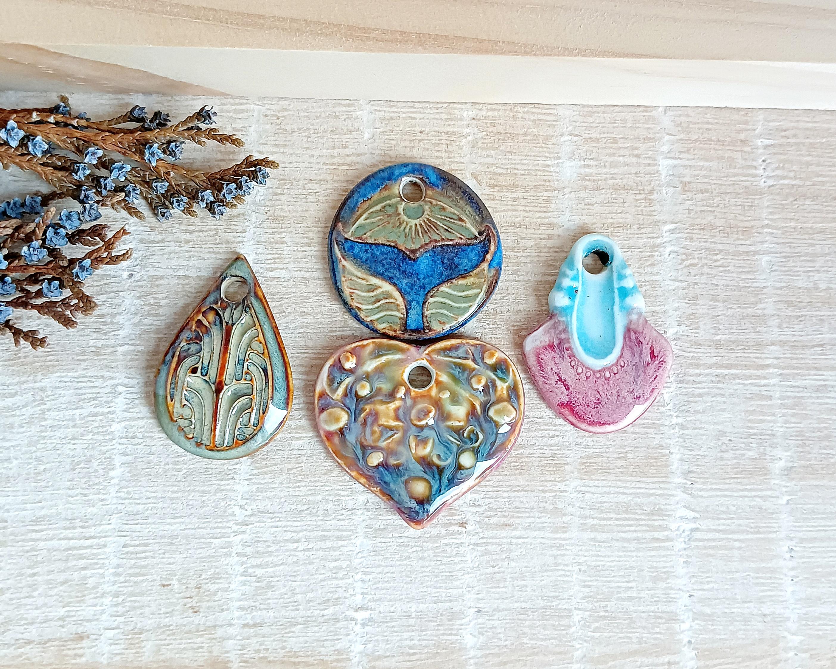 Set Assorted Ceramic Charms, 4 Artisan Pendants of Porcelain, Boho