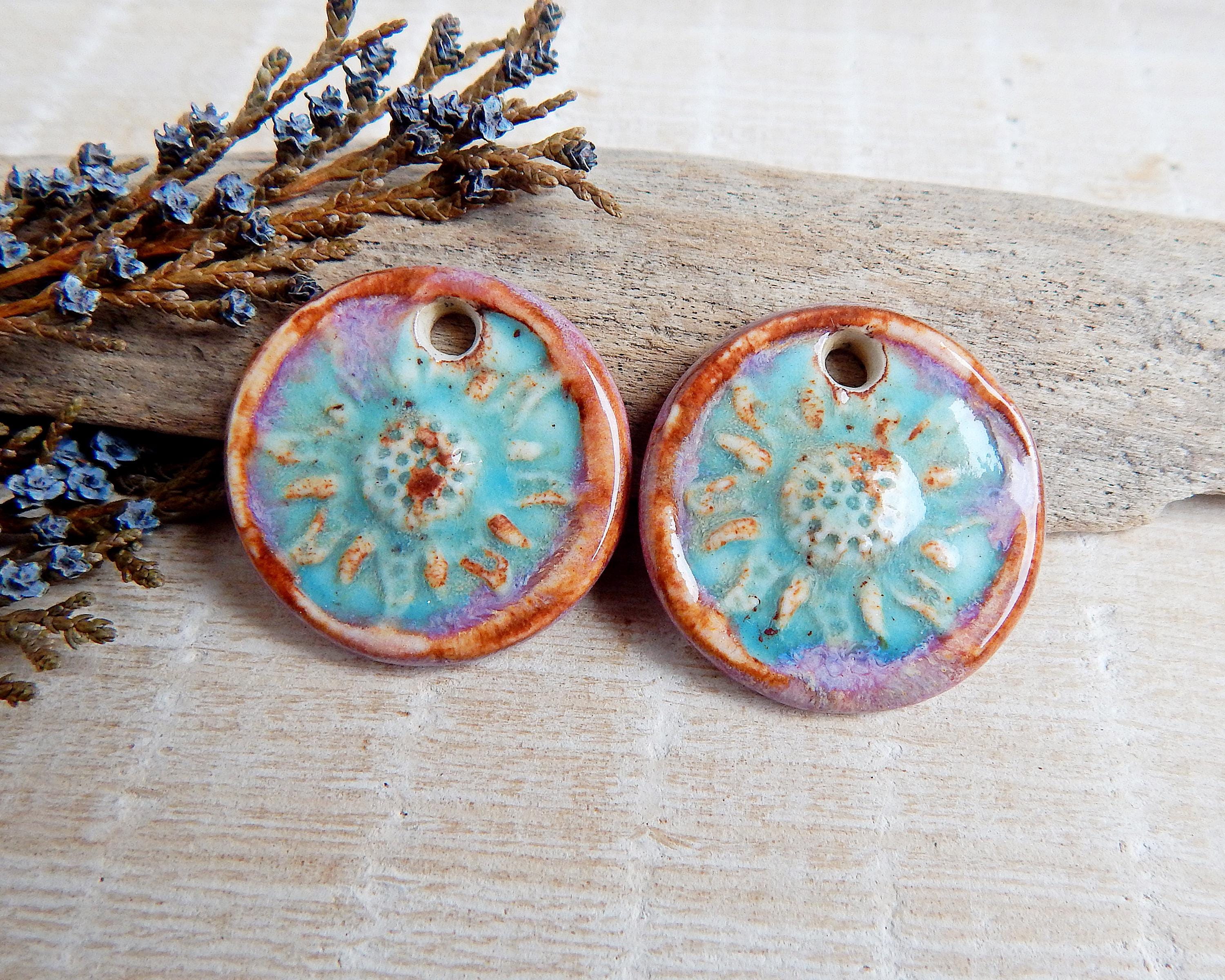 Bright sun ceramic charms for jewelry making, Artisan celestial round earring supplies, Rustic charms of porcelain, Unique boho components
