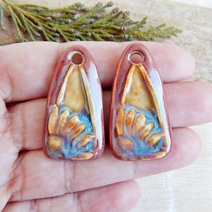 Rustic flower earring charms, Pair boho ceramic earring findings, Unique nature components, Handmade floral focal beads for making jewelry