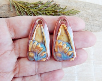 Rustic flower earring charms, Pair boho ceramic earring findings, Unique nature components, Handmade floral focal beads for making jewelry