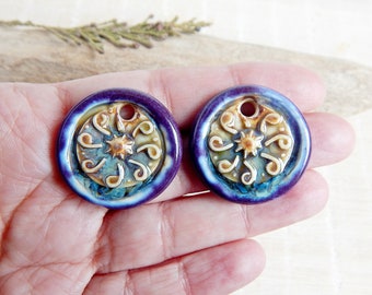 Pair round artisan charms of ceramic, Handcrafted purple pendants for making jewelry, Handmade bright earring findings, Porcelain art beads