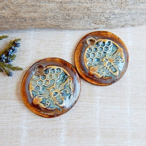 Pair bee round charms for earring making, Honeycomb artisan ceramic jewelry components, Boho rustic findings, Handmade honey bee pendants image 2