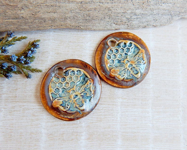 Pair bee round charms for earring making, Honeycomb artisan ceramic jewelry components, Boho rustic findings, Handmade honey bee pendants image 2