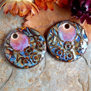 Artisan bohemian charms with round design, earring findings of ceramic with a floral pattern image 6