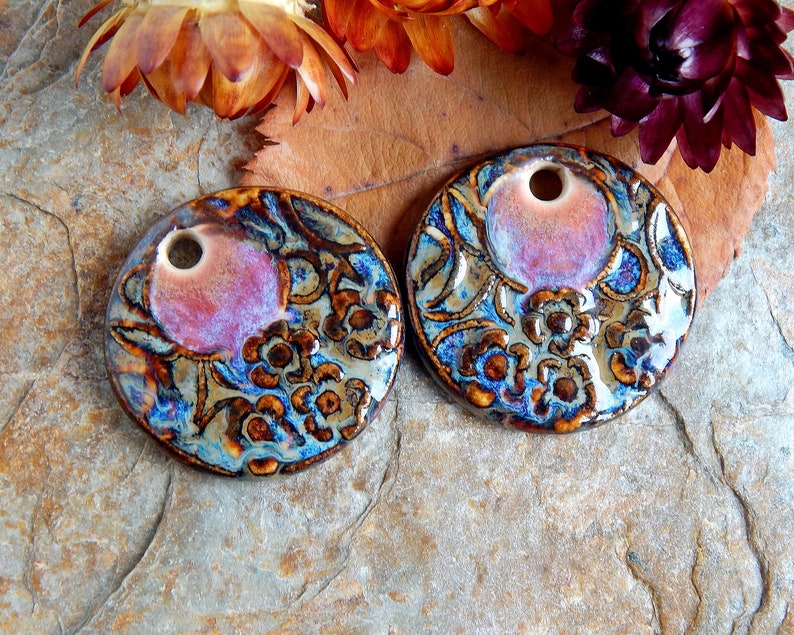 Artisan bohemian charms with round design, earring findings of ceramic with a floral pattern image 6
