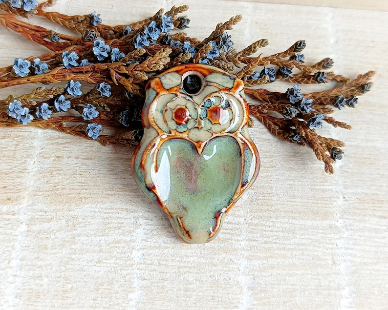 1 Owl ceramic pendant, Artisan barn owl charm for making necklace, Nature boho jewelry findings, Rustic forest animal charm of porcelain image 3