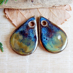 Artisan teardrop charms, 2pcs Rustic ceramic earring pendants, Organic boho components for making jewelry, Handmade dangle art beads image 6