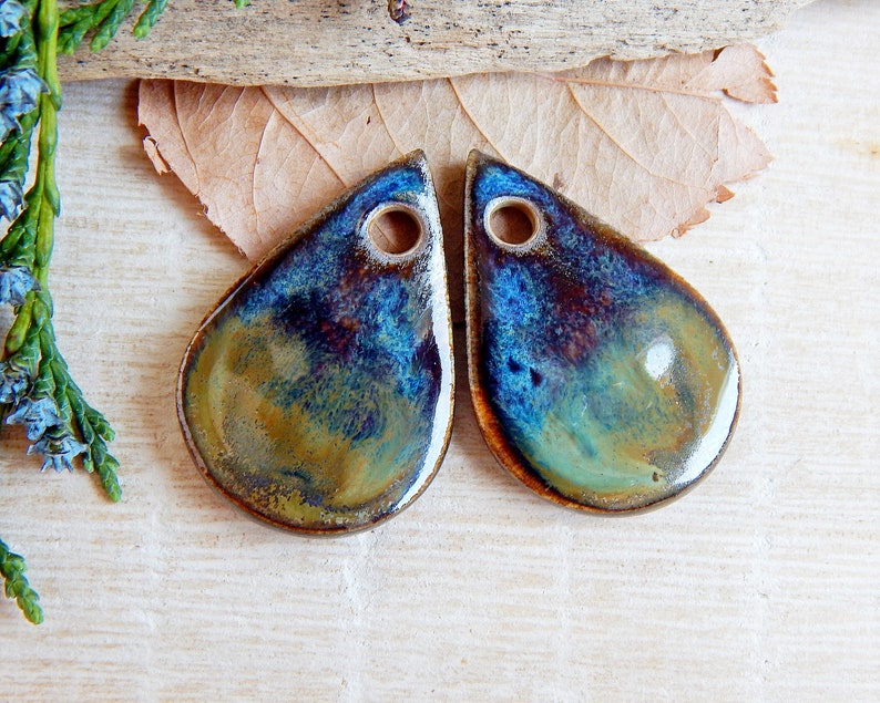 Artisan teardrop charms, 2pcs Rustic ceramic earring pendants, Organic boho components for making jewelry, Handmade dangle art beads image 6