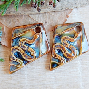 Handmade snake earring charms, 2 pcs Artisan nature ceramic pendants, 1 Hole rhombus shape jewelry supplies, Unique dangle porcelain beads image 1